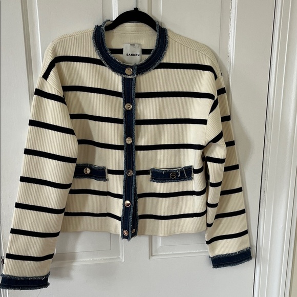 Sandro Cream Jacket with Black Stripes and Denim Trim - Picture 5 of 10